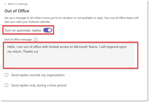 microsoft teams how to set up out of office message