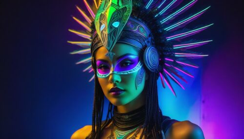 long-shot, full body portrait of woman ::10 lucid weirdcore cybercore, looking off in distance ::6 style | bioluminescent  intense glowing biomechanical rips emerging from skin, styled in insanely detailed intricate marginalia headdress, gorgeous, wearing mask made from fibre-optics, bright neon lights shining, very colorful, blue, green, purple, glowing ::6 background | glowing forest, vivid neon wonderland dream, particles, blue, green, purple ::4 parameters | rule of thirds, golden ratio, photorealism, raytraced shadows, depth of field, asymmetric composition, hypermaximalist, insane details, octane render, photorealism, cinematic realism, unreal engine, 8k ::7 --ar 9:16 --s 1000