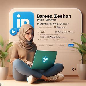 Create a 3D illustration featuring a realistic woman, casually sitting with a GREEN HP Laptop beside of a social media logo, specifically âLINKEDIN.â The character should looks like she is Digital Marketer, Graphic designer and Enterprenuer, background of the image should showcase a social media profile page real data. username âBareera Zeshanâ and a matching profile picture. she have 20K followers,muslim hijab woman