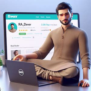 Create a 3D illustration featuring a realistic man age of 20 casually sitting on a Dell Laptop in front of a freelancing logo, specifically âFiverrâ The character should look like he is a Fiverr Top Rated Seller. The background of the image should showcase a Fiverr profile page real data with Fiverr logo color and the username âRA _DEVâ and a matching profile picture. he has 300 5 star reviews and completed 800 orders. he wears shalwar kameez and has a beard
