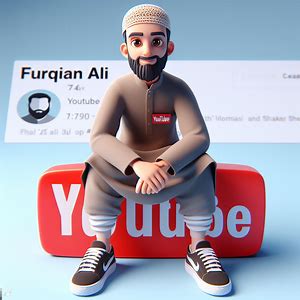 Create a 3D illustration of an animated character sitting casually on top of a social media logo âyoutubeâ. The character must wear clothing such as sneakers shoes/ shalwar , kameez with a beard on his face and an Islamic cap on his head.The background of the image is a social media profile page with a user name âFURQAN ALIâ and a profile picture that matches.