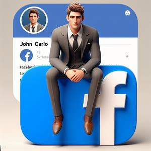 Create a 3D illustration of an animated character sitting casually on top of a social media logo âFacebookâ. The character must wear formal modern clothing such as an expensive three piece suit with a tie and a handsome face with a receding hairline. The background of the image is a social media profile page with a username âJohn Carloâ and a profile picture that match.