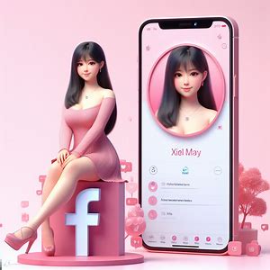 A pretty chubby woman with  shoulder level straight black hair ,sitting casually on top of a standing circle pink facebook logo. warmly smile the woman wears a pink long flowy dress and long heels.behind the woman, there is  huge iphone with pink screen and scattered social media applications.the profile and username text is 