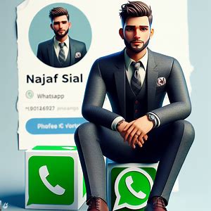 Create a 3D illustration of an animated character sitting casually on top of a social media logo âWHATSAPPâ. The character must wear formal modern clothing such as a an expensive three piece suit with a tie with a short stubble beard on his face and a receding hairline.The background of the image is a social media profile page with a username âNajaf Sialâ and a profile picture that match.
