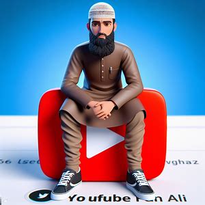 Create a 3D illustration of an animated character sitting casually on top of a social media logo âyoutubeâ. The character must wear clothing such as sneakers shoes/ shalwar , kameez with a beard on his face and an Islamic cap on his head.The background of the image is a social media profile page with a user name âFURQAN ALIâ and a profile picture that matches.
