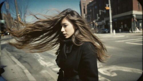 a woman with long wild hair on a windy day, in the style of toy camera effects, haunting elegance, frozen movement, captivating gaze, voigtlander bessa r2m, black paintings, new york school --ar 71:128 --stylize 750 --v 6
