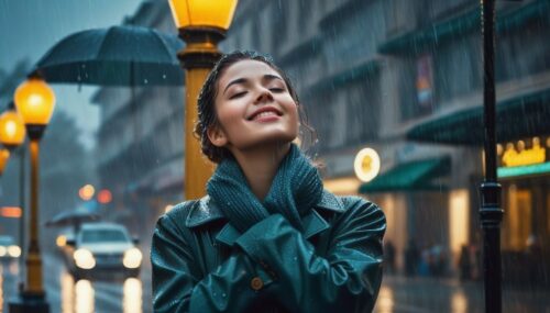 retro atmosphere, Rainy winter streets, rain-soaked streetlights, all over the body, under the streetlight stands a girl in the rain, closed eyes, she raises her head and looks at the sky, her arms are open, raindrops flow on her face, closed up, light smile, masterpiece, perfect anatomy, 32k UHD resolution, best quality, highres, realistic photo, professional photography, cinematic angle, cinematic lights