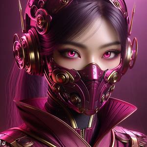 Creat Beautiful asian lady, magenta metal half face mask ninja,magenta ninja clothes with magenta and gold, cinematic, illustration, 3d render, typography, dark fantasy, architecture