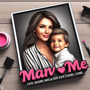 a realistic 3D caricature of a mother pictures,and cute son sitting on her mother lap.High quality realistic photo and there is the name