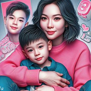 Hyper realistic 3D caricature of a mother pictures,and cute 7 year old son sitting on her mother lap.High quality realistic photo and there is the name