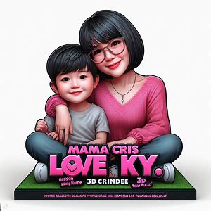 Hyper realistic 3D caricature of a mother and cute 7 year old son sitting on her mother lap.High quality realistic photo color and there is the standee name
