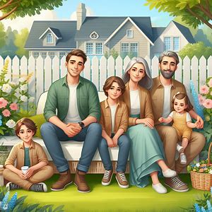 A young man, his wife, his son, his daughter, and his daughter are sitting in the garden