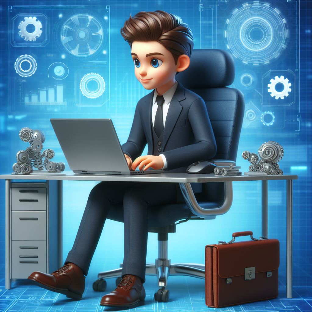 D Computer engineer office boy on chair with