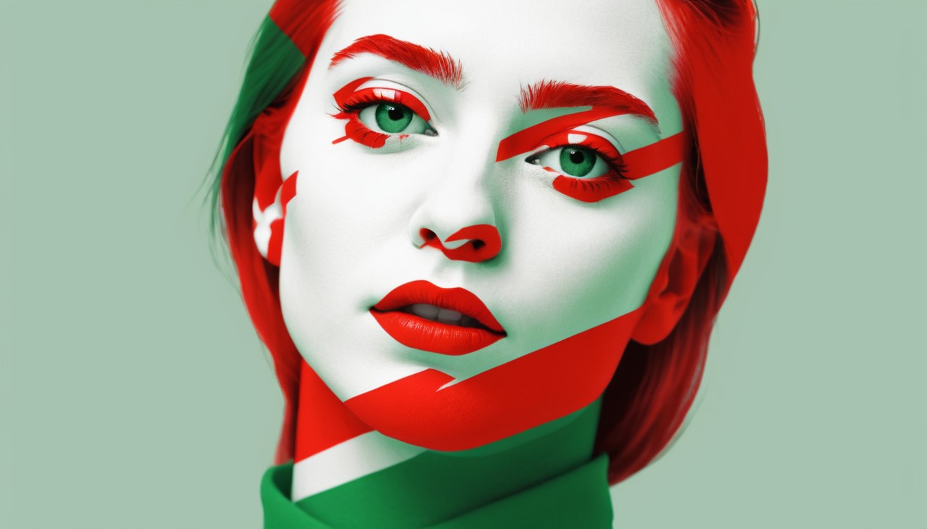 A red white and green portrait in animated