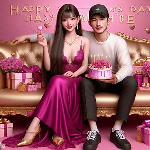 creat a  hyperrealistic couple  photo a beautiful long straight dark hair with bangs girl sweetest smile, wearing a magenta long gown golden lace heels  holding a cake and an asian skinheadhair with cap man wearing white polo black slack pants black shoes holding a flower bouquet both are sitting on elegant magenta gold sofa,pink background with bold letters embossed words; 