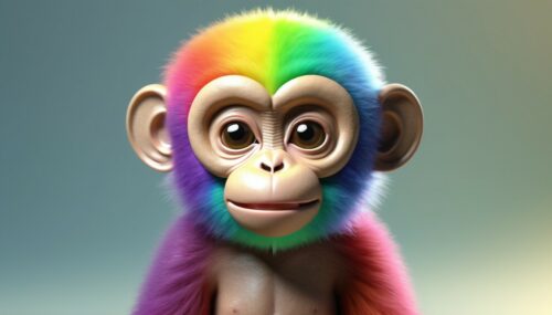 very cute fluffy rainbow monkey, symmetrical, hyperrealistic, volumetric lighting, octane render, very detailed, portrait, 3ds max, --ar 9:16