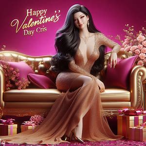 Creat a 3D photo image of a medium  body and long straight black hair 30 year old woman wearing an elegant Dazzling evening long gown golden peach color siiting gracefully in sofa magenta gold color pose elegant crossed legs with sweet smile  with more gift and flowers around with magenta background with lettering 