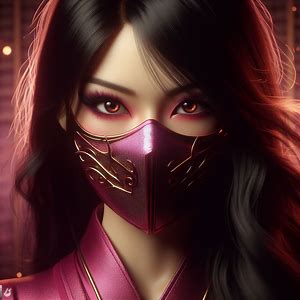 Creat Beautiful asian lady,dark.brown tantalizing eyes magenta metal half face mask ninja, frontal view   magenta ninja clothes with magenta and gold, cinematic, illustration, 3d render, typography, dark fantasy, architecture
