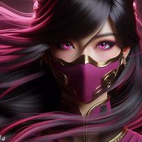 Creat Beautiful asian lady,dark.brown tantalizing eyes  flowing dark hair with bangs magenta metal half face mask ninja, frontal view   whole body  magenta ninja clothes with magenta and gold, cinematic, illustration, 3d render, typography, dark fantasy, Sailormoon style architecture