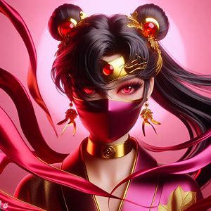 Creat a 3d photo realistic image realistic  live sailormoon ninja wearing heels clothes are made of ninja silk red gold  half facemaks with shiny shimmering pink magenta background  tantalizing eyes  flowing dark hair  red silk half face mas cinematic, illustration, 3d render, typography, dark fantasy, Sailormoon style architecture 4k wide 
