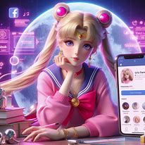 create aHYPER DETAILED vibrant realistic photographic ultra HD 4D scene of sailormoon LIVE , wearing a pink uniform sitting casually. beside her is a big cellphone with facebook account image with the username of CRIS FERN typographic cinematic 8k image resolution