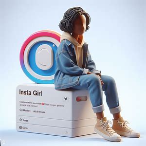 Create a 3D illustration of an animated character of a girl sitting casually on top of the social media logo Instagram. The character should wear casual modern clothes like a jeans jacket and sneakers. The background of the image is a social media profile page with the username
