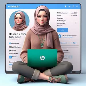 Create a 3D illustration featuring a realistic woman, casually sitting with a GREEN HP Laptop beside of a social media logo, specifically âLINKEDIN.â The character should looks like she is Digital Marketer, Graphic designer and Enterprenuer, background of the image should showcase a social media profile page real data. username âBareera Zeshanâ and a matching profile picture. she have 20K followers,muslim hijab woman