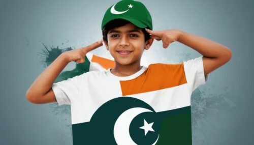 Create a 3D illusion for a happy independence day picture where a teenager boy in a Pakistani flag tshirt standing salute casually on a indian flag. , a orange cricket cap, he looks ahead. The background features   And print  Arvind on the t-shirt   