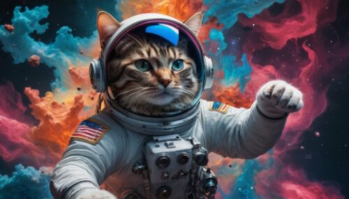a humanlike cat astronaut floating through the blue void, helmet reflecting the pillars of creation, chinoiserie, extremely detailed, hyper realistic, in the style of Alberto Seveso, neon bounce lights --ar 2:3 --q 2  --v 4