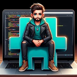A character wearing black jeans and teal shirt with black leather jacket, having light beard,Â Â sitting casually on top of aÂ hash symbol.Â The background of the imageÂ laptopÂ screen, the coding is visible on the screen with the name 