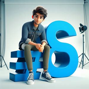 Create a 3D illustration of an 26 years animated character sitting casually on top of a symbolo â#â. The character must wear casual modern clothing such as jeans jacket and sneakers shoes. The background of the image is a visual studio. and the name 