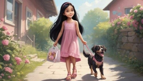 dream shaper style, childrens book illustrations, young girl with long black hair wearing a pink dress and sandals, walking with her pet dog, the dog has brown fur, the girl is holding a bag of candies