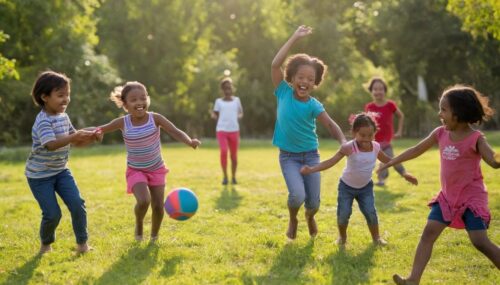 Generate a vibrant and joyful scene of children playing outdoors. Envision a diverse group engaged in various activities such as tag, ball games, and imaginative play. Capture the essence of innocence, laughter, and friendship. Ensure the scene is set in a safe and natural environment, with an emphasis on diversity and inclusivity. The children should be depicted with genuine expressions of happiness and curiosity. Provide a sense of dynamic motion and a backdrop that conveys the spirit of carefree childhood play. Pay attention to details such as facial expressions, body language, and the surrounding environment to evoke a heartwarming and playful atmosphere.