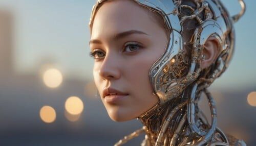 Hyper-realistic medium shot portrait with hyperdimensional artificial humanoid being. beautiful intricately detailed, with regularly textured bioluminescent skin, ornate, hyper futuristic. Character created by artstation, Golden hour, bokeh, creature, digital art by tooth wu and wlop and android jones and beetle and greg rutkowski --s 1000 --c 100 --q 2 --ar 2:3 --v 4