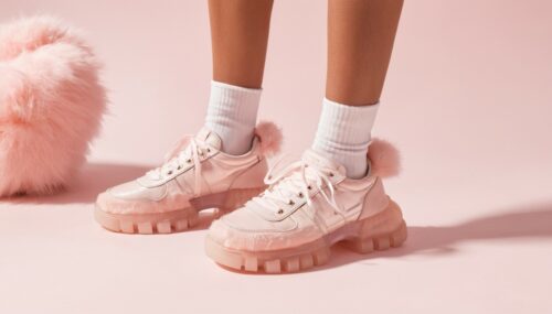 Fashion shoot, Jacquemus and moncler collaboration: light pink translucent fur sneakers, hyper-realistic, detailed 8k, realistic.