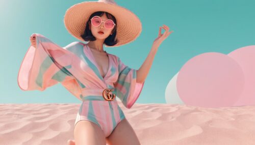 a woman in a dynamic pose wearing a beach wear, designed by Gucci::3, tumblr, inspired by Yanjun Cheng style, digital art, lofi girl internet meme, trending on dezeen, catalog photo, 3 d render beeple, rhads and lois van baarle, cartoon style illustration, bright pastel colors, a beautiful artwork illustration, retro anime girl --ar 2:3 --q 2