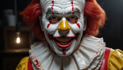 ronald mcdonald as a horror film, highly detailed face by greg rutkowski and magali villanueve, cinematic lighting, Hyperrealism,