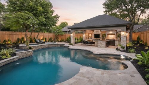 Create a visually stunning image showcasing a pool renovation: A serene backyard with a transformed pool, elegant landscaping, and modern design elements. Capture the essence of a revitalized oasis, highlighting before-and-after views or showcasing key features like new tiling, lighting, and updated poolside aesthetics.