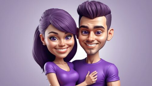 Design a 3d animated caricature of a young man with a pompadour and a very pretty woman with beautiful eyes smiling with bangs hugging each other in purple t-shirts
