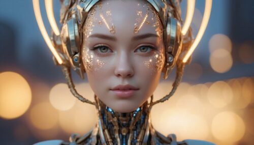 Hyper-realistic medium shot portrait with hyperdimensional artificial humanoid being. beautiful intricately detailed, with regularly textured bioluminescent skin, ornate, hyper futuristic. Character created by artstation, Golden hour, bokeh, creature, digital art by tooth wu and wlop and android jones and beetle and greg rutkowski --s 1000 --c 100 --q 2 --ar 2:3 --v 4