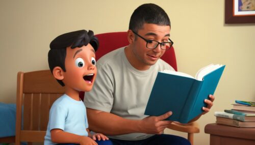 a kid with his father reading LA BIBLIA (book) together in a room in a cartoon version