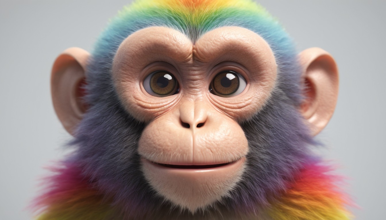 very cute fluffy rainbow monkey symmetrical hyperrealistic volumetric