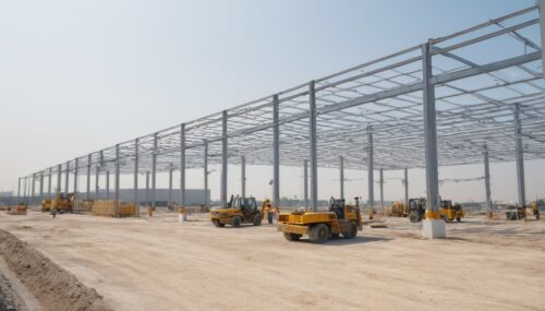 a 90% modern warehouse under construction at a new industrial area. workers on site, daytime, construction equipment on site