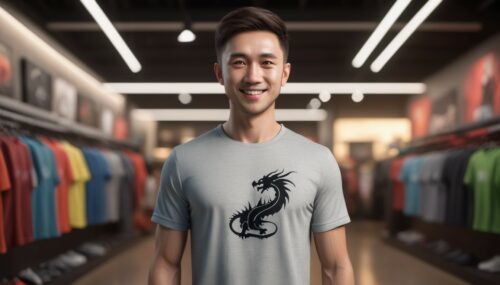 3D dragons, sport clothing store, wearing basic t-shirt, happy faces, cinematic lighting, ultra quality, wallpaper 8k, friendly face, good looking eyes, minimal, (full body visible), looking at viewer, photography, detailed skin, realistic, photo-realistic, 8k, highly detailed, full length frame, High detail RAW color art, diffused soft lighting, shallow depth of field, sharp focus, hyperrealism, cinematic lighting