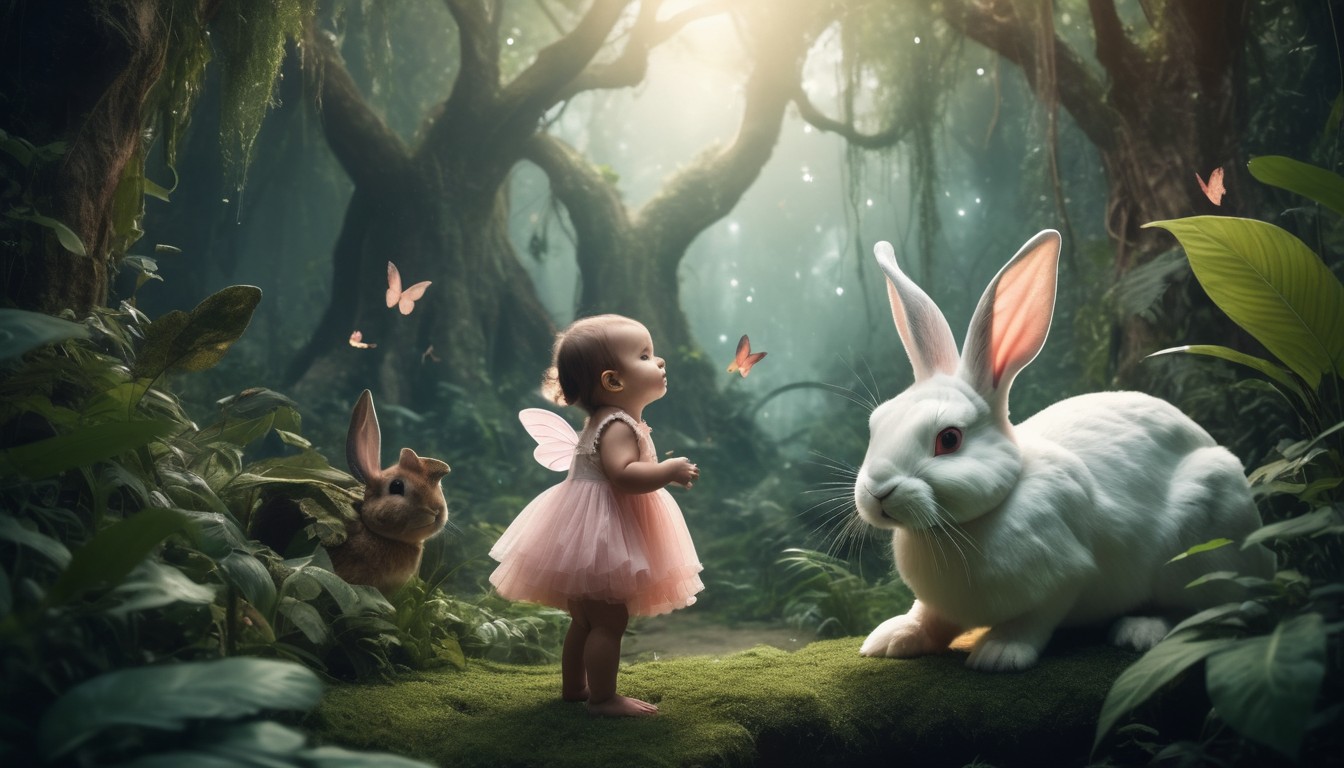 A cute baby girl with a giant rabbit