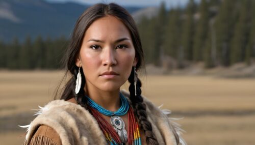 Marisa Quintanilla as Sacagawea, young beautiful native american woman, perfect symmetrical face, feather beaded jewelry, traditional handmade dress, handmade moccosains, armed female hunter warrior, wild west environment, Montana landscape, photorealistic, ultra realistic, elegant, intricate, highly detailed, depth of field, front view, 8k, shot on 65mm, 22 megapixels --q 4 --ar 9:16 --v 4