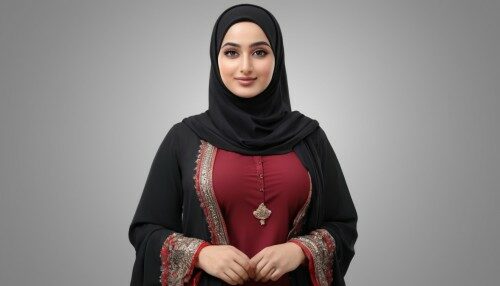 create a 3d hijabi big breast girl wearing beautiful black shalwar and red kameez standing UHD HD high resolution 8k hyperrealistic ulteraphoto classic pro photography