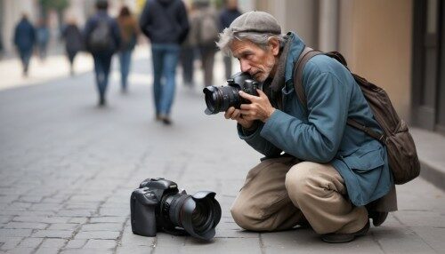 Picture of a photographer begging in the street