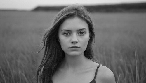 a young woman standing in the grass, in the style of stark black-and-white photography, hasselblad 1600f, coastal landscapes, expressive facial features, dutch landscapes, soft atmospheric scenes, powerful portraits --ar 68:128 --stylize 750 --v 5.2