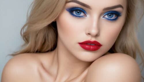 cuerpo completo de mujer con senos grandes rubia ojos azules labios rojos alta piernas hermosas